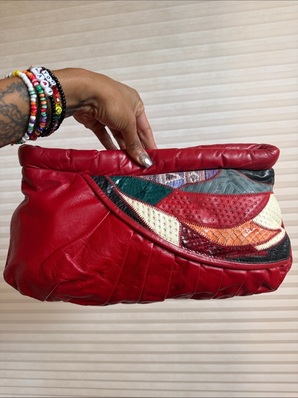Vintage Genuine Leather Patchwork Oversized Clutch | Red Exotic